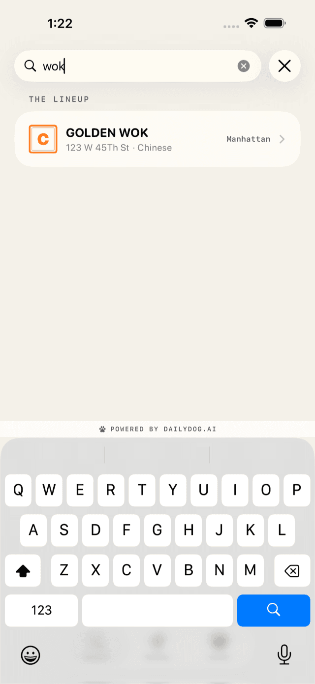 The search screen: type a name, a neighborhood, or both