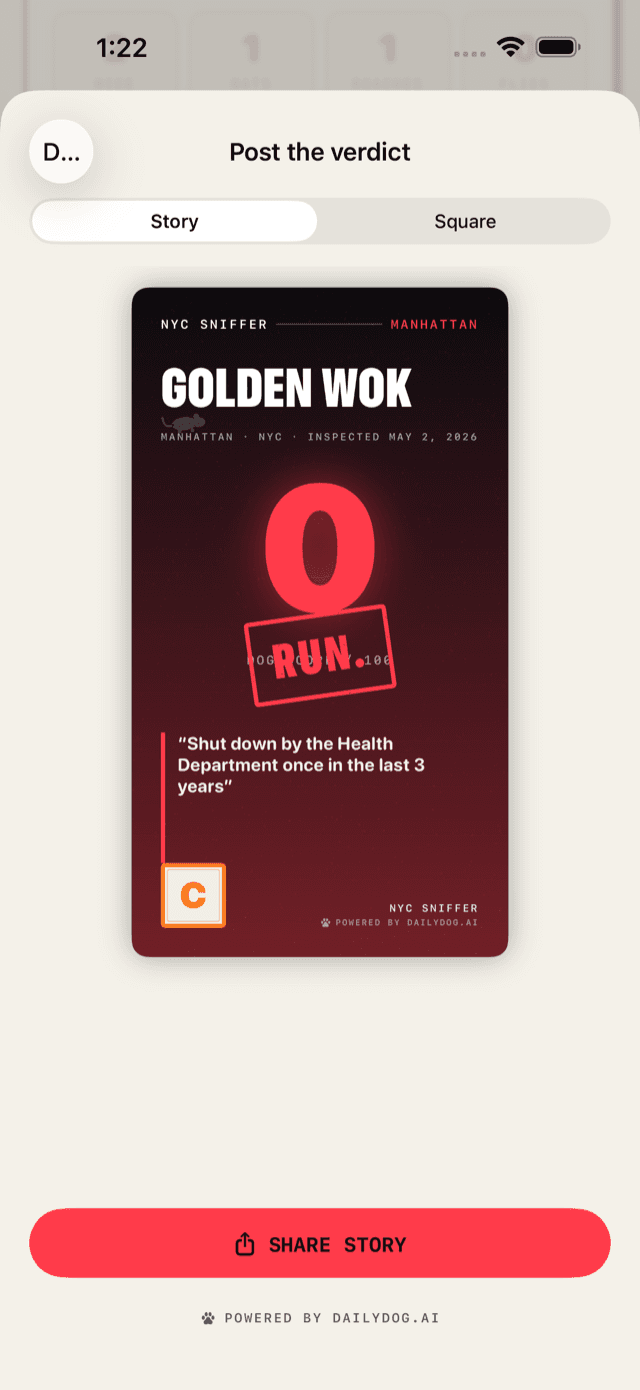 A story-format share card carrying the verdict, built for the group chat